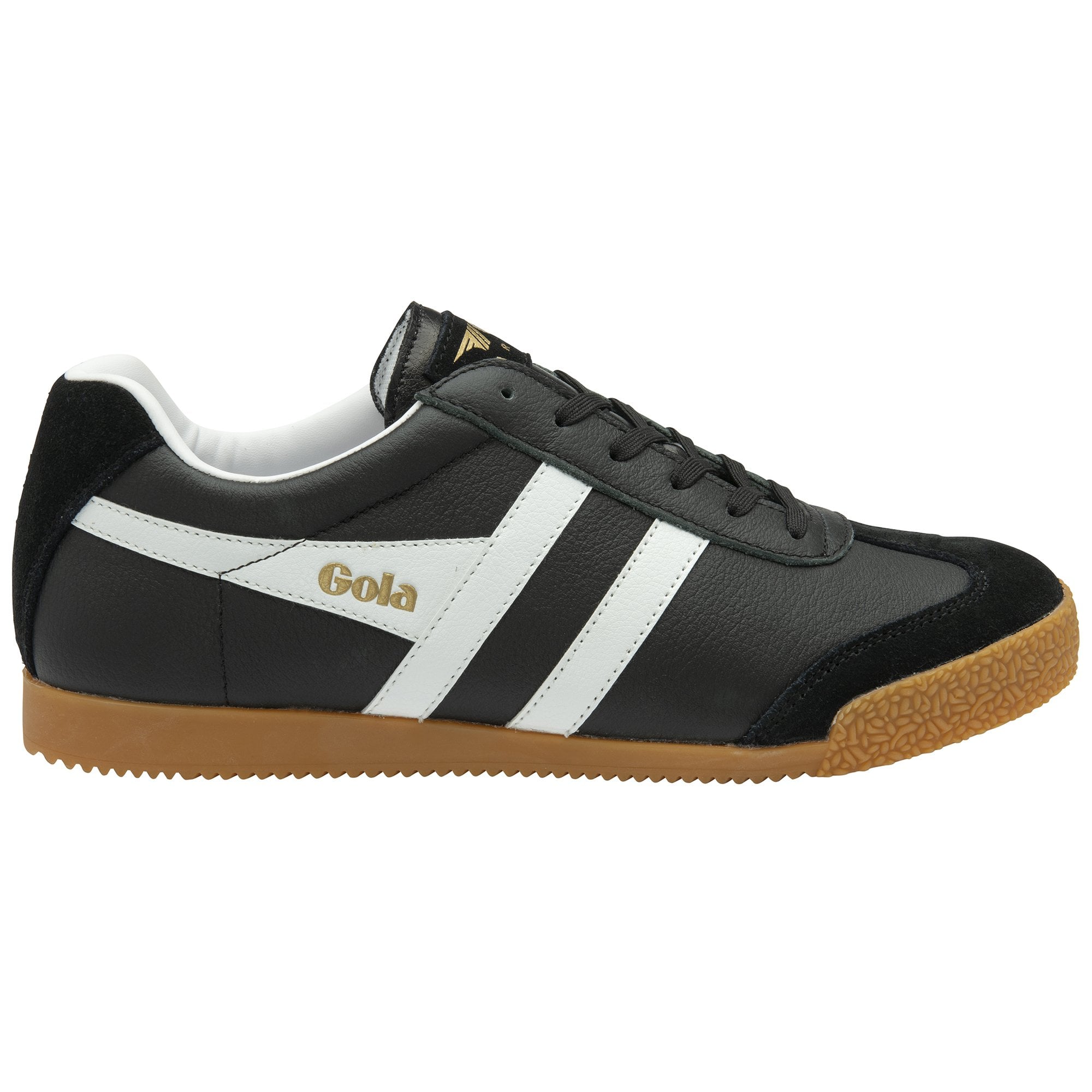 A black Gola men's sneaker with white stripes and a gum sole, viewed from the side.