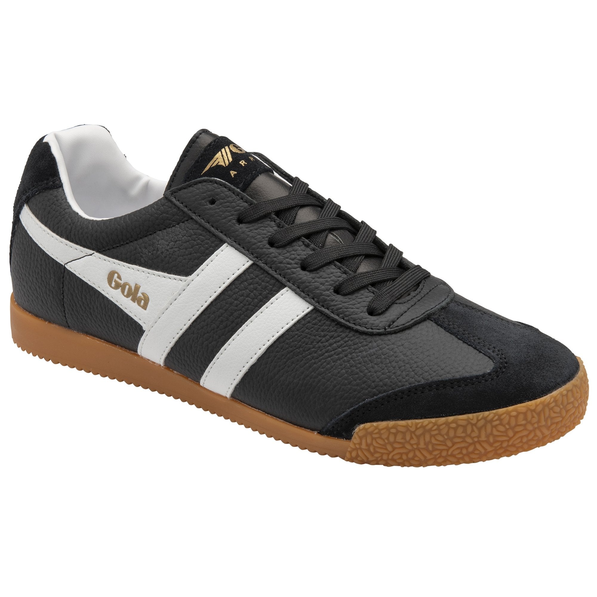 Black Gola Harrier trainer with white stripes and a gum sole