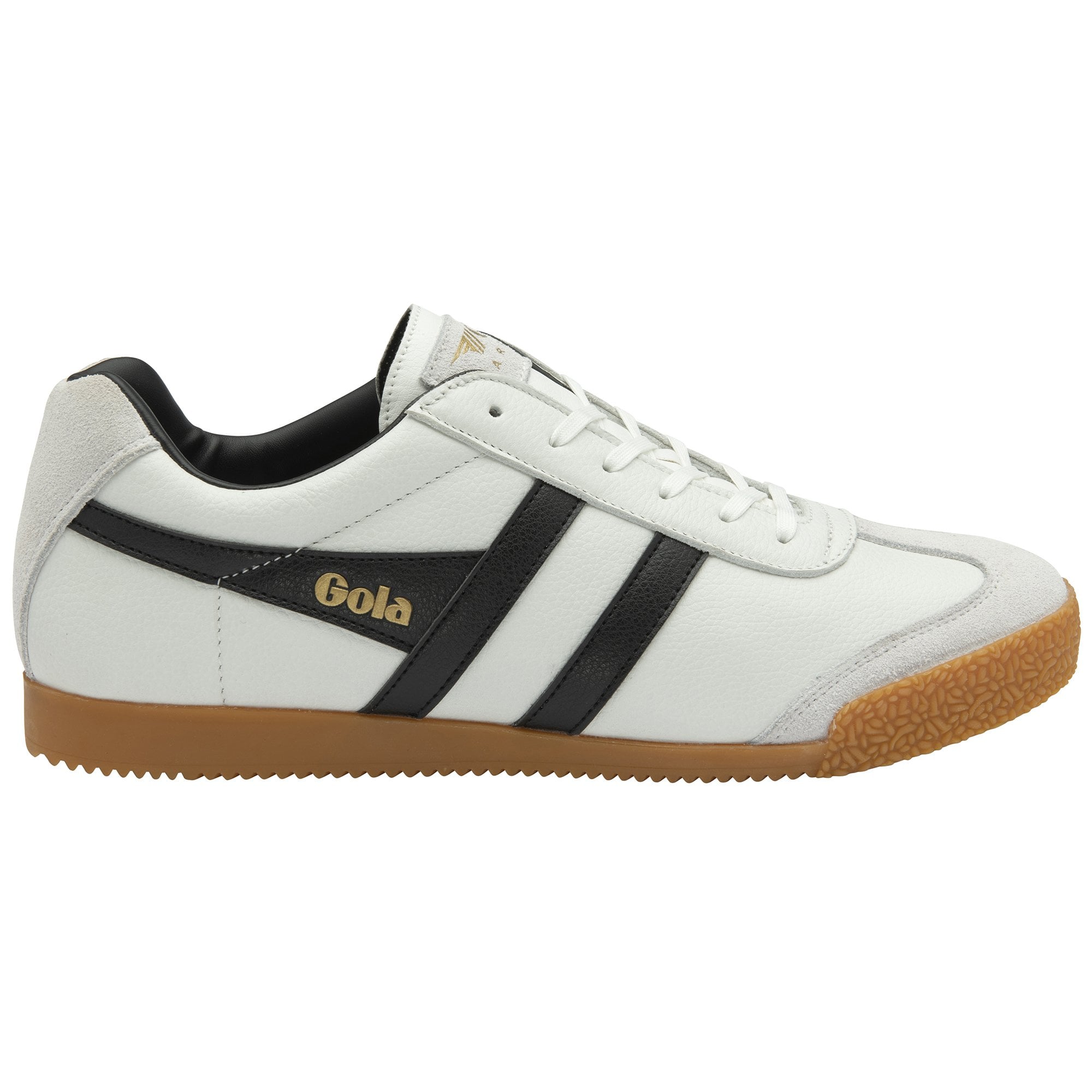Side profile of a Gola Harrier trainer, white leather with black stripes and a gum sole.