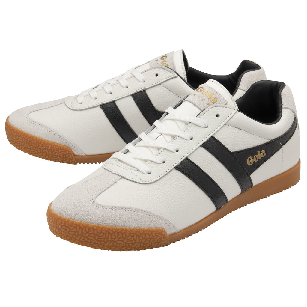 Pair of Gola Harrier sneakers in off-white leather with black stripes and gum soles