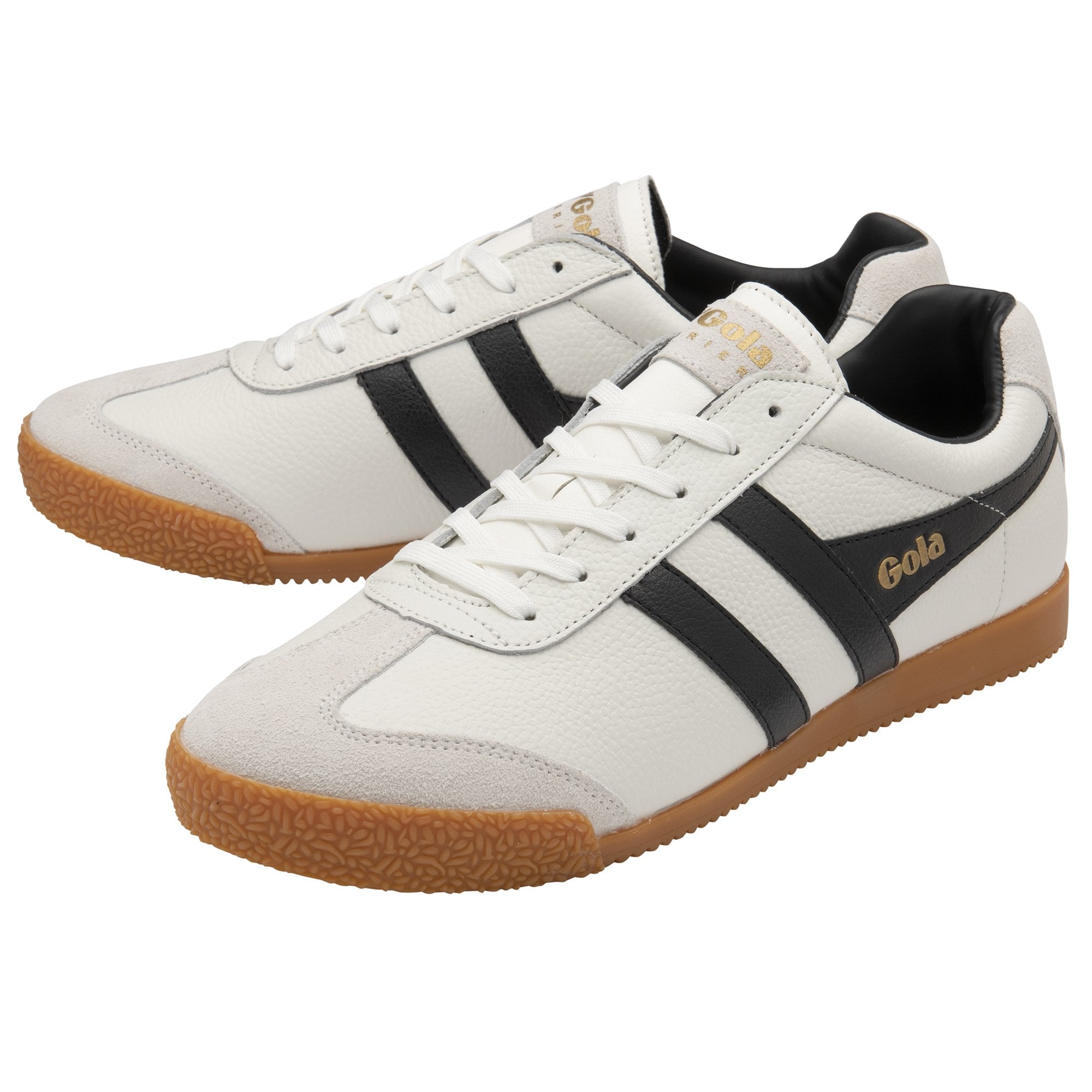 Pair of Gola Harrier sneakers in off-white leather with black stripes and gum soles