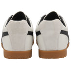 Pair of white sneakers with black stripes and gum soles, rear view