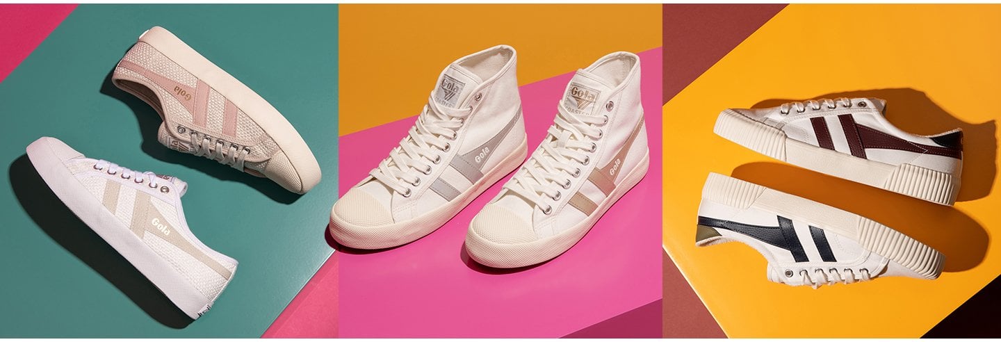 Three pairs of Gola sneakers in white with pink, grey, and burgundy stripes on colorful backgrounds.