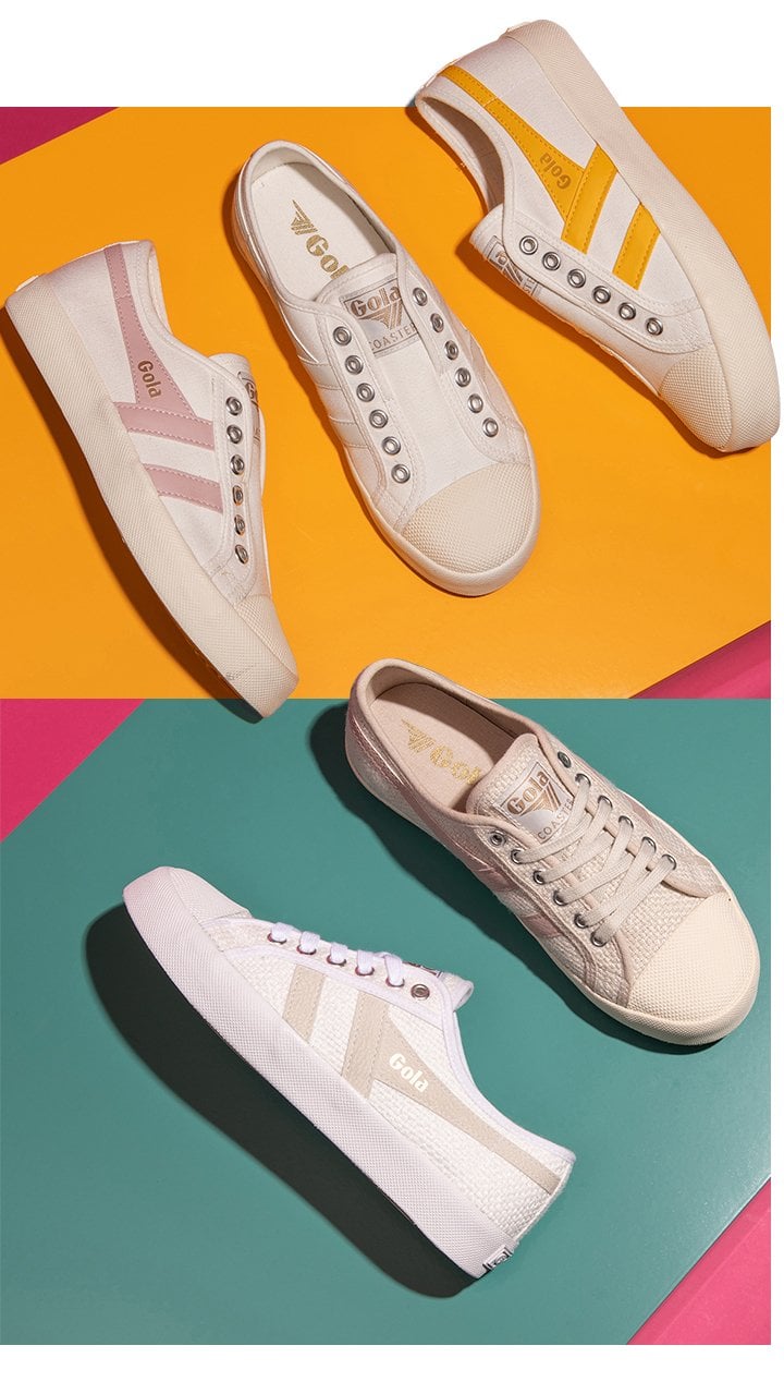Four pairs of Gola Coaster sneakers in white with pink, yellow, and beige stripes on a colorful background.