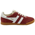Side view of a single maroon Gola sneaker with white stripes and a gum sole.