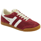 Red suede Gola Harrier trainer with white stripes and a gum sole