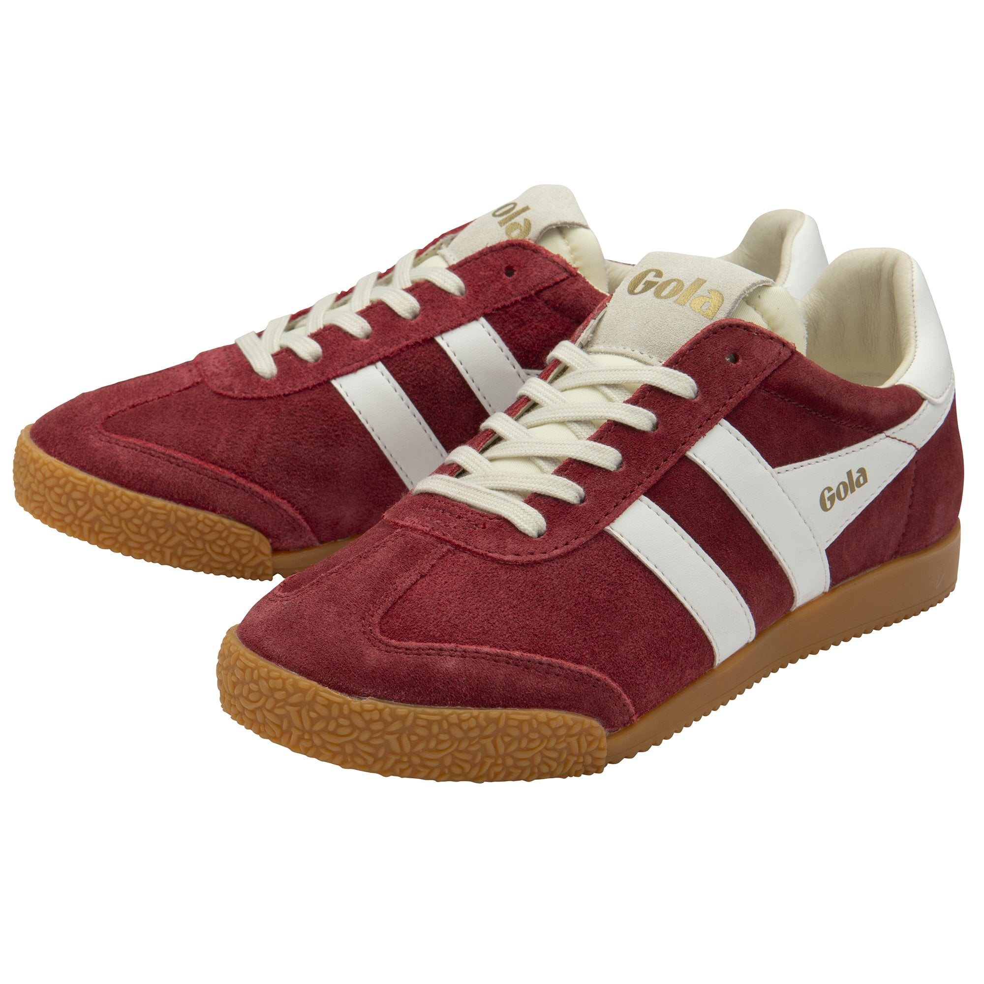 Pair of Gola Harrier suede trainers in burgundy with white stripes and gum sole