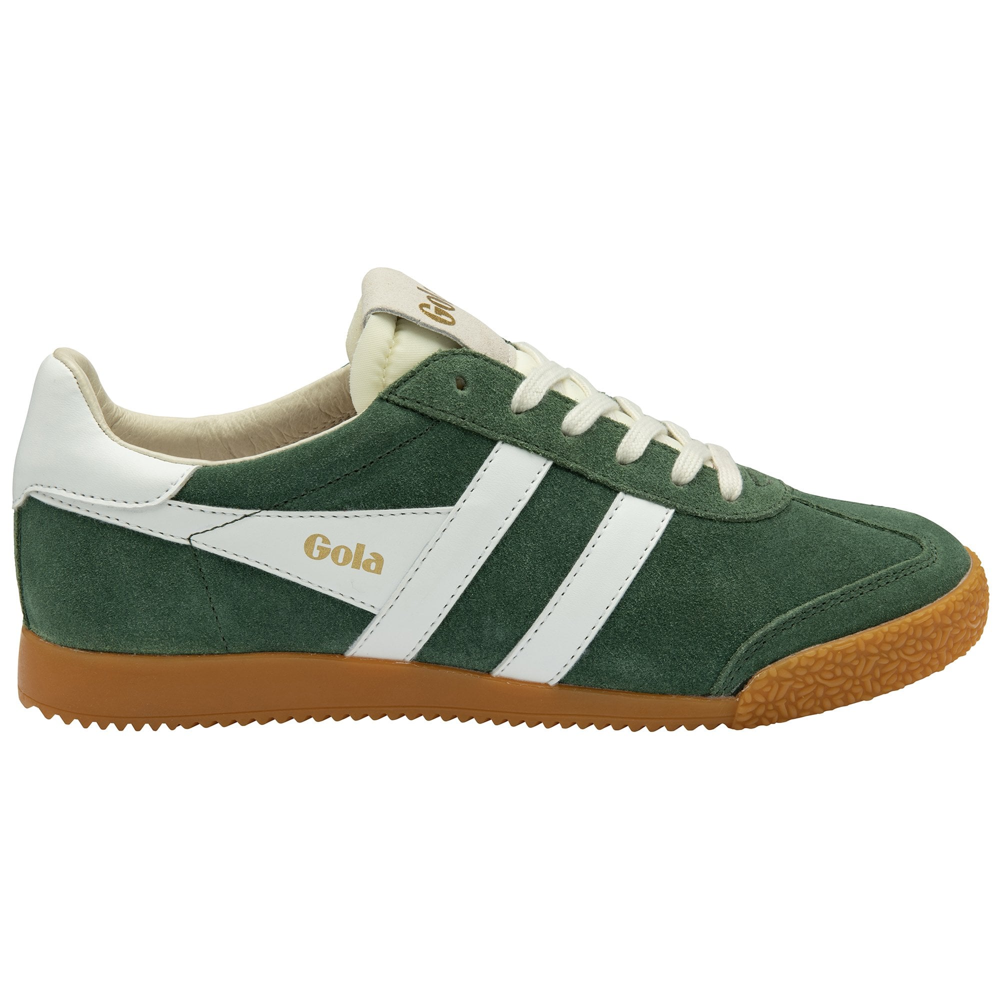 Side view of a single dark green Gola sneaker with white stripes and a gum sole.