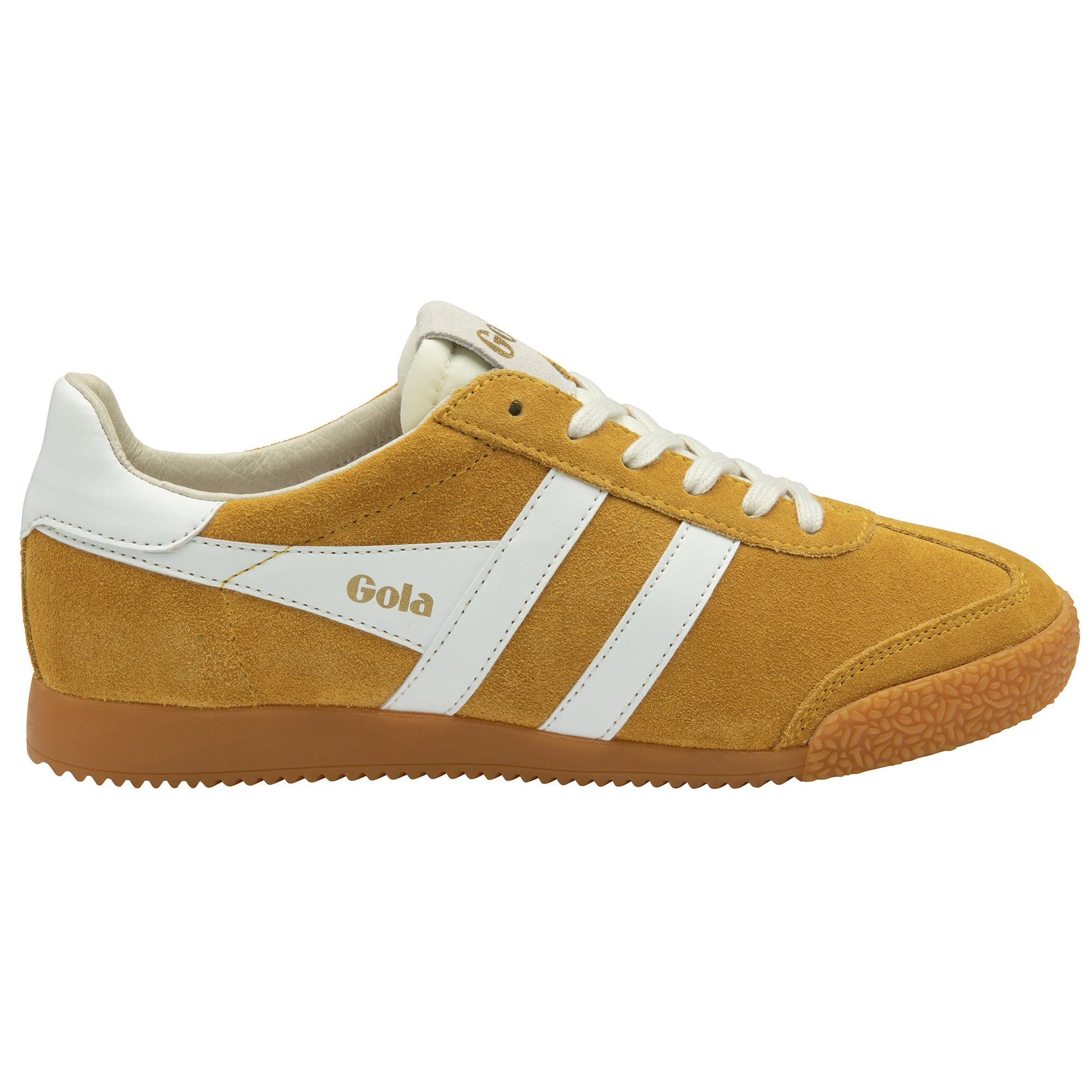Gola Harrier suede trainers in mustard with white stripes and laces