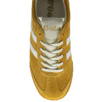 Gola Harrier suede trainers in mustard yellow with white stripes and laces