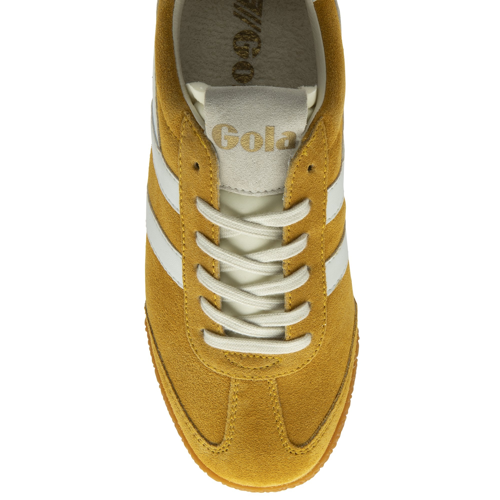 Gola Harrier suede trainers in mustard yellow with white stripes and laces