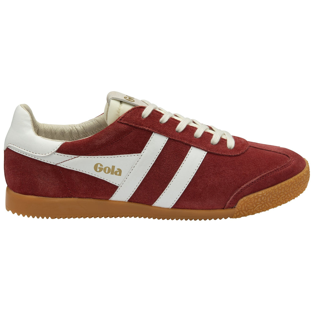 Side view of a single red Gola sneaker with white stripes and a gum sole.