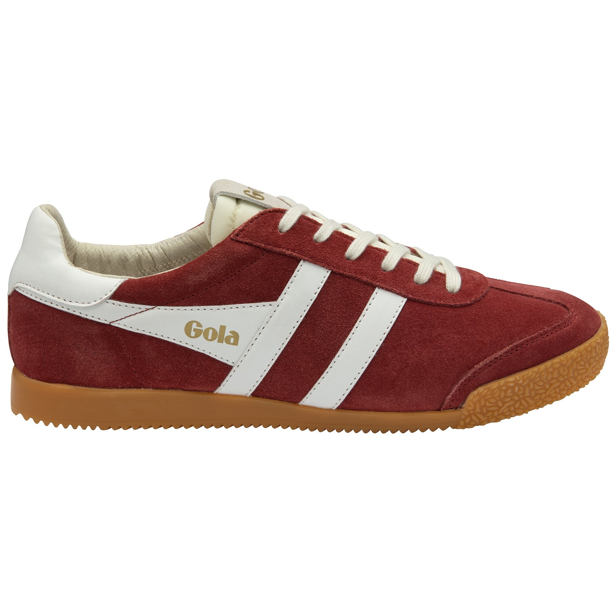 Side view of a single red Gola sneaker with white stripes and a gum sole.