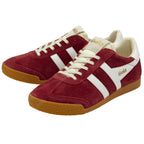 Pair of Gola Harrier suede trainers in burgundy with white stripes and gum sole