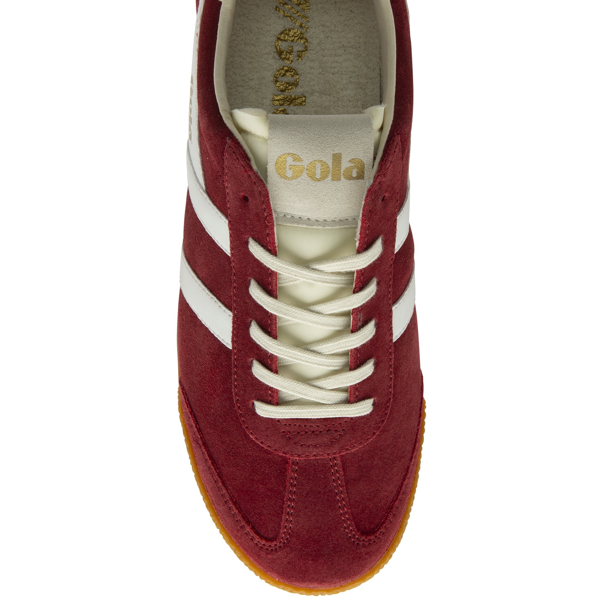 Top-down view of a red suede Gola sneaker with white stripes and cream laces