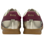 Rear view of two gold and burgundy Gola sneakers with gum soles