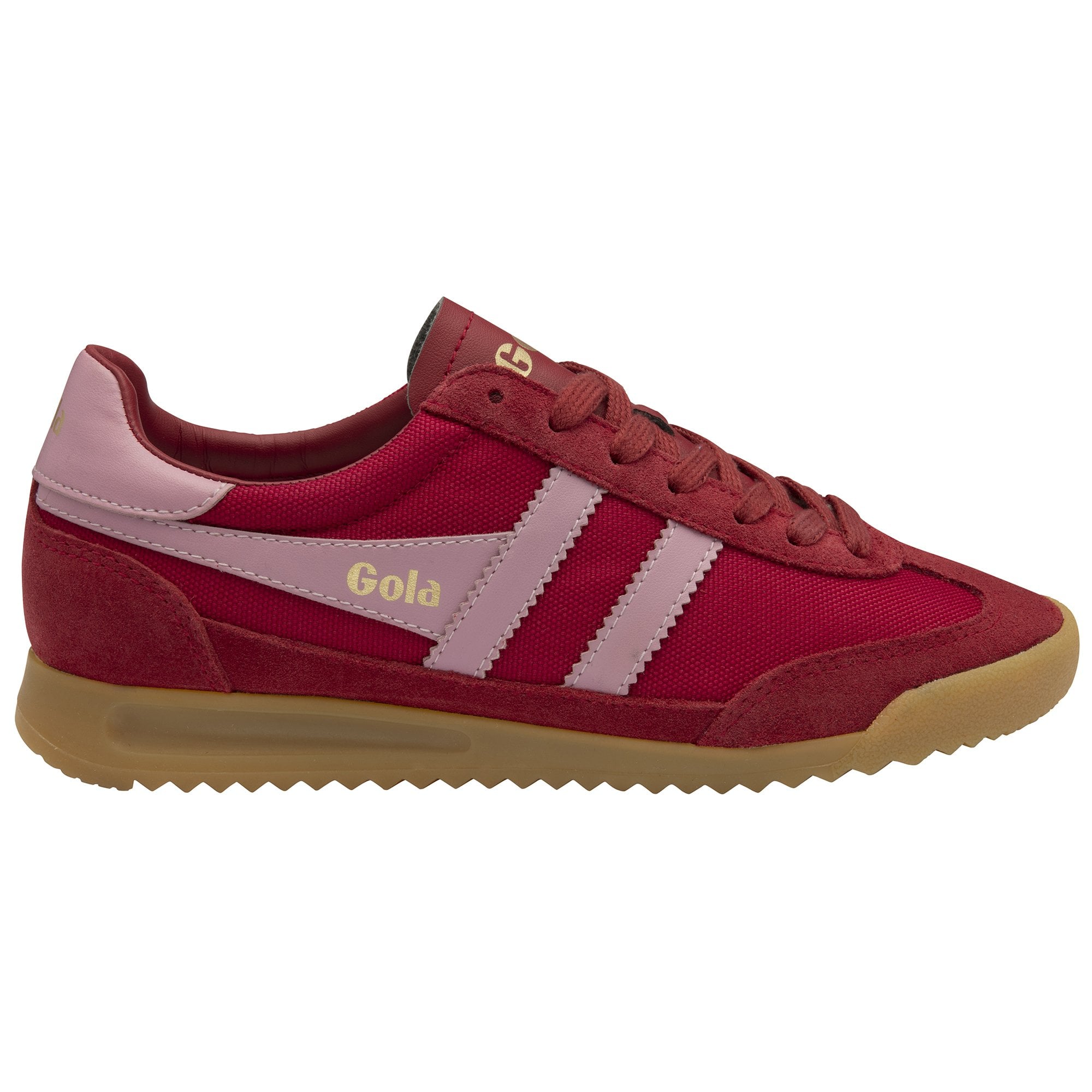 A single red and pink Gola trainer with a tan sole, viewed from the side.