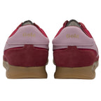 The rear view of a pair of red and pink Gola trainers with tan soles.