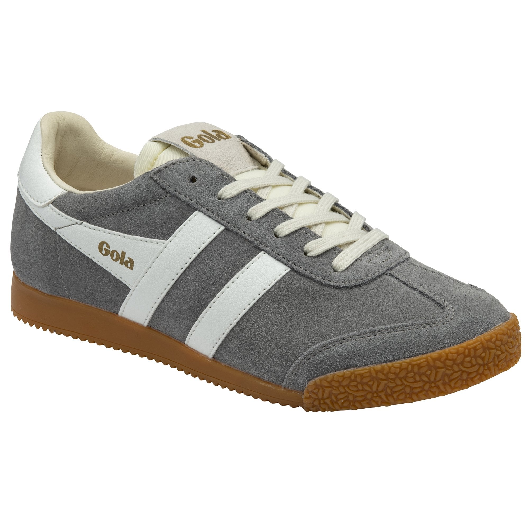 Gola Harrier suede trainers in grey with white stripes and a gum sole