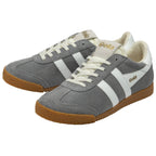 A pair of gray Gola sneakers with white stripes and gum soles, side by side.