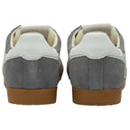 Pair of grey suede sneakers with white heel tabs and brown rubber soles, rear view