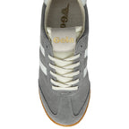 Grey Gola trainer with white stripes and cream laces