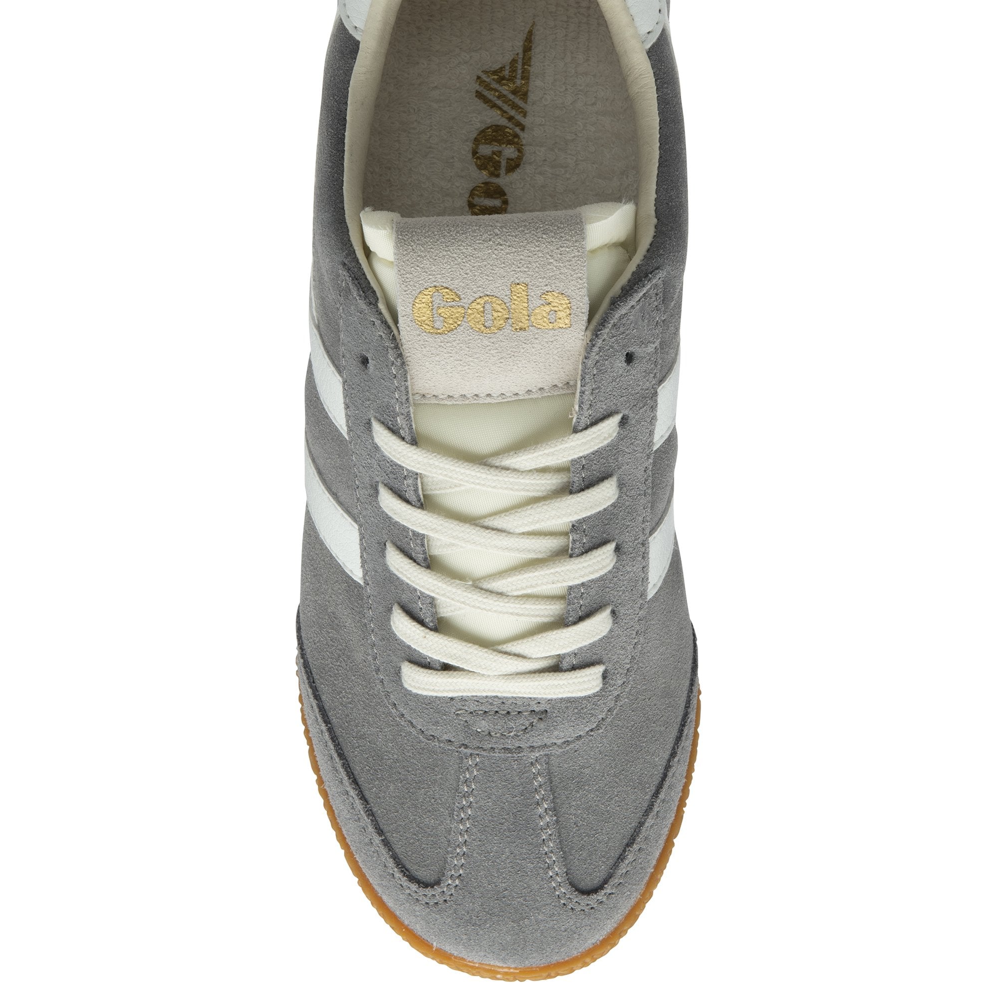 Grey Gola trainer with white stripes and cream laces
