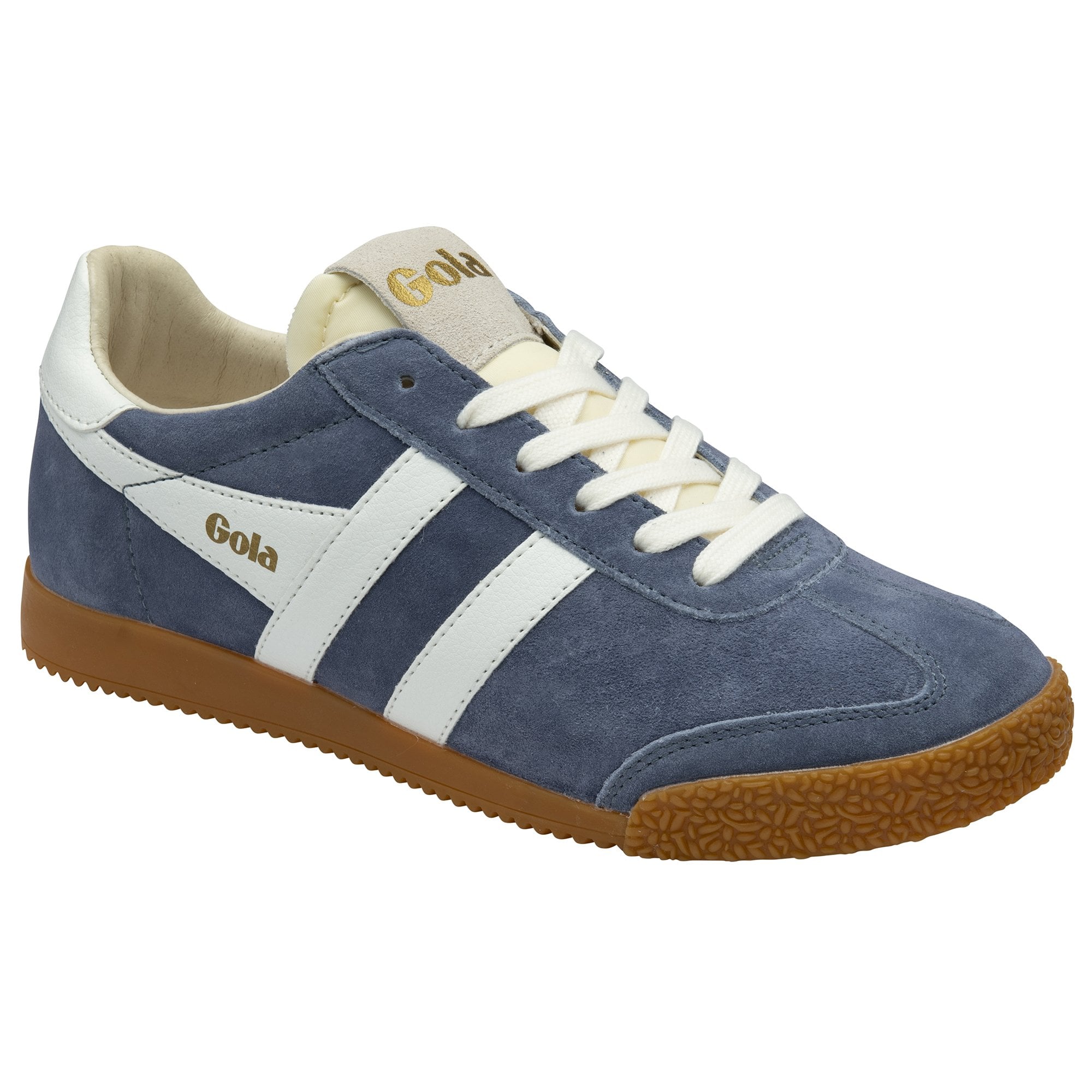 Angled view of a single Gola men's shoe in blue with white stripes and a gum sole.