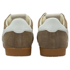 Back view of a pair of Gola men's sneakers in brown with white heels.