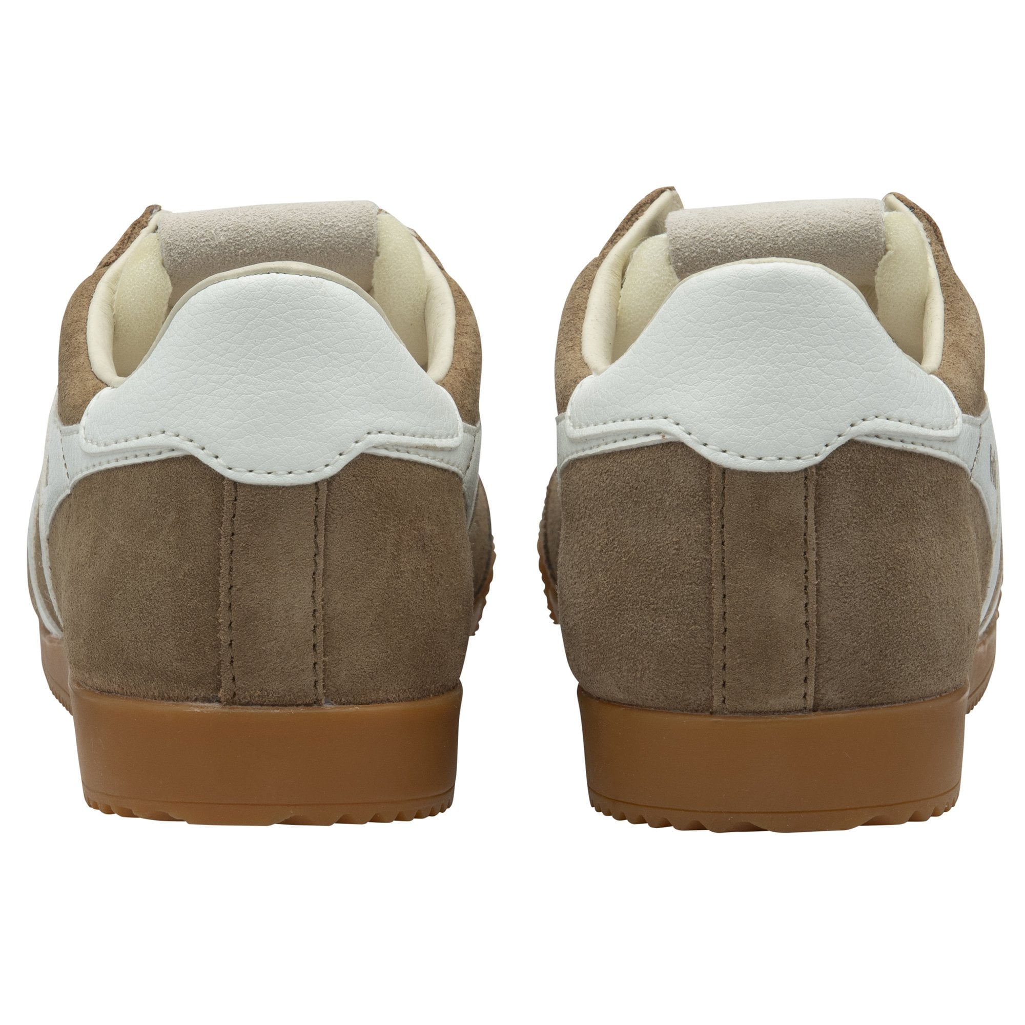 Back view of a pair of Gola men's sneakers in brown with white heels.