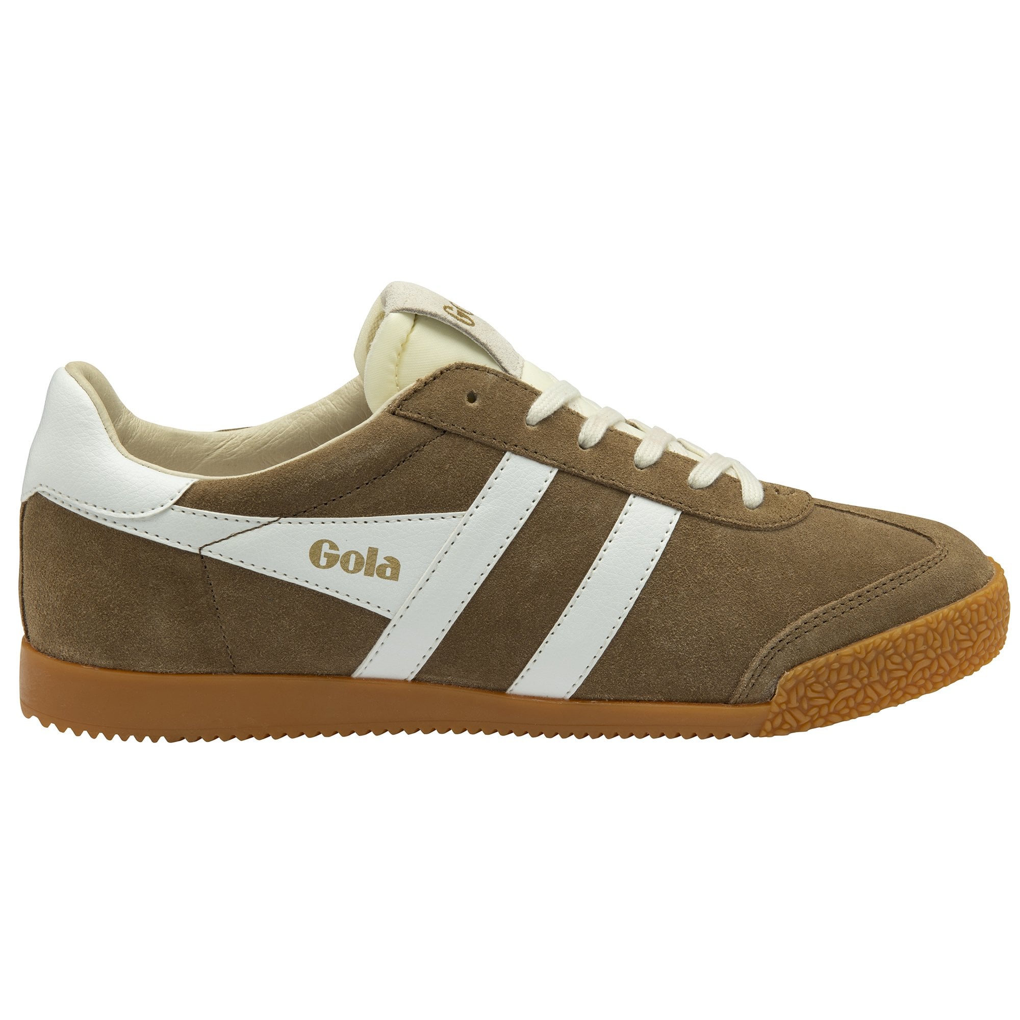 Side profile of a single brown Gola sneaker with white stripes and a gum sole.
