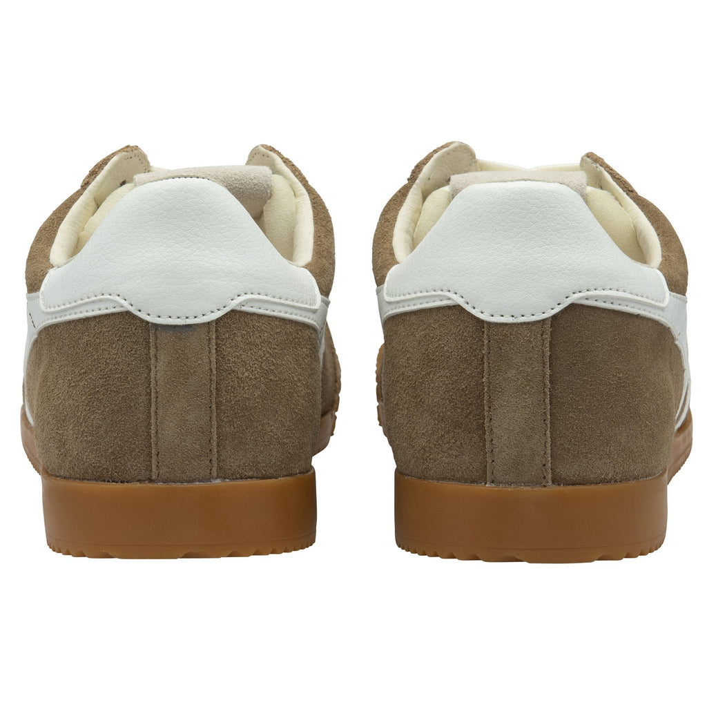 Pair of brown suede sneakers with white leather heel tabs and gum soles, rear view
