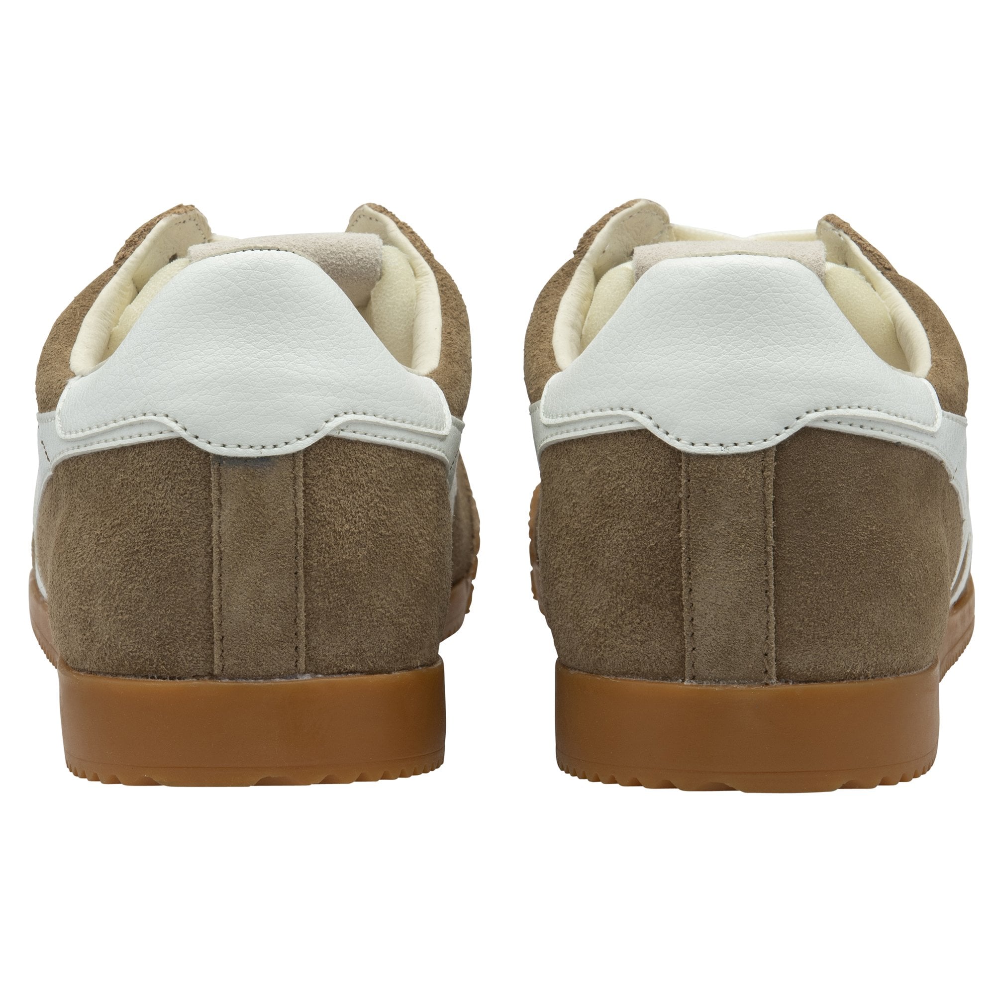 Pair of brown suede sneakers with white leather heel tabs and gum soles, rear view