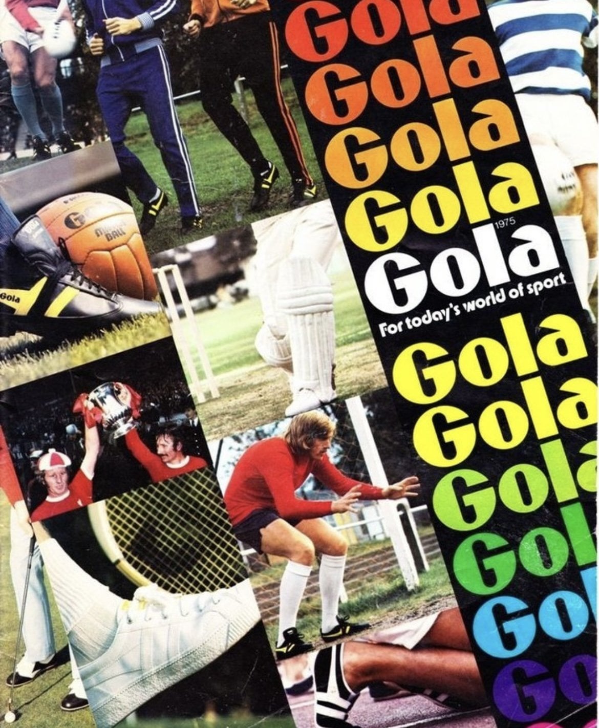 Vintage Gola advertisement with athletes playing various sports, showcasing different Gola shoes and apparel.