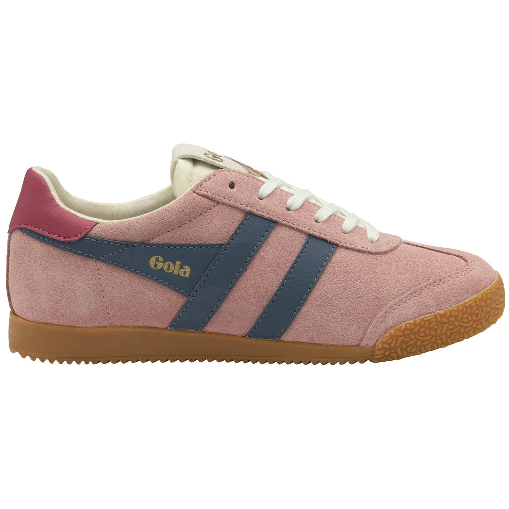 Gola women's trainer in pink suede with navy stripes and a gum sole