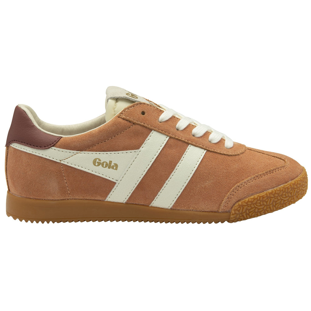 Gola Harrier suede trainers in tan with white stripes and laces