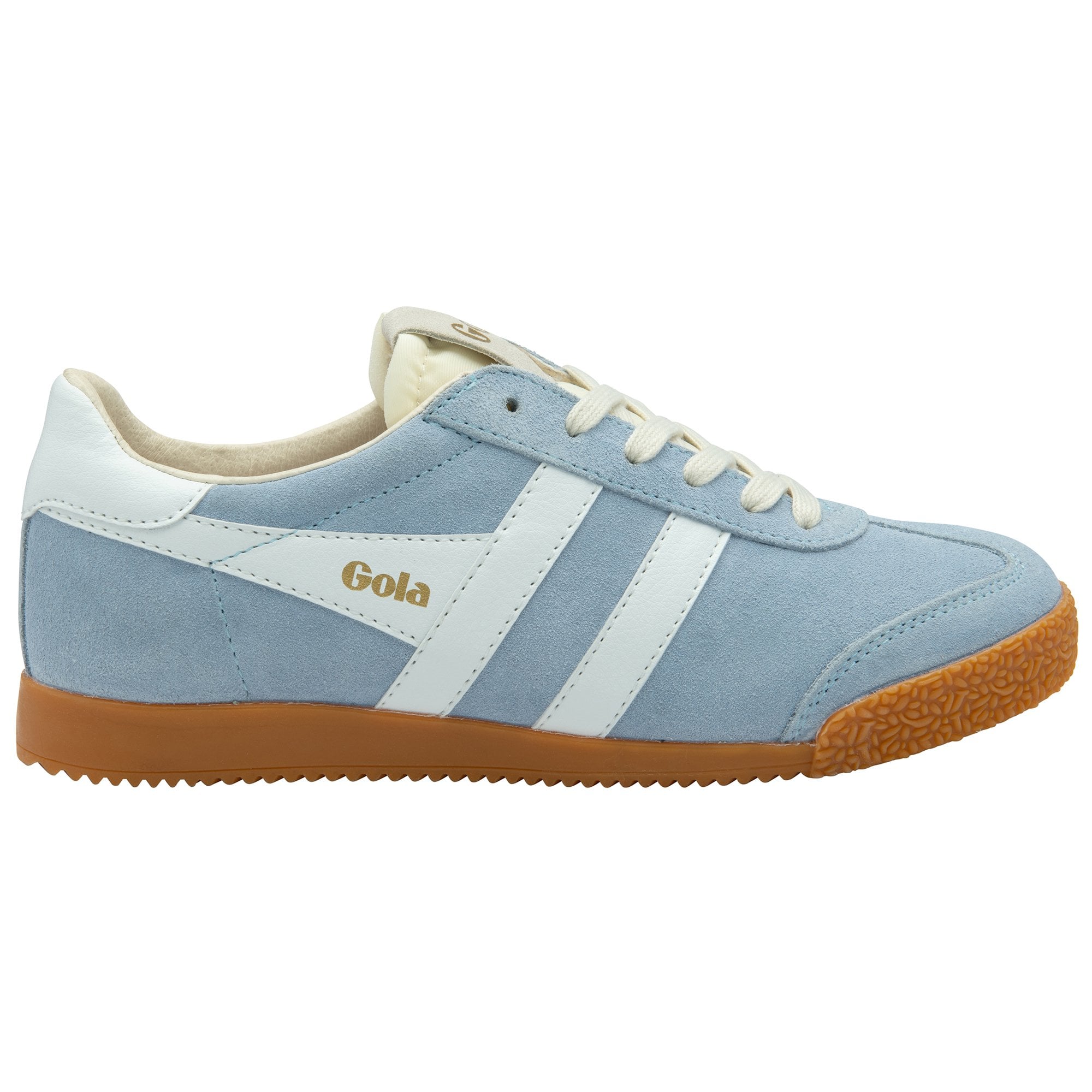 Light blue suede Gola sneaker with white stripes and laces, brown rubber sole