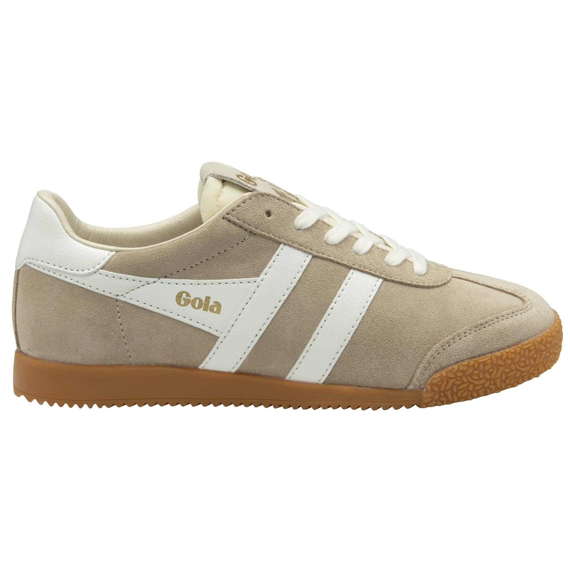 A single Gola Harrier trainer in off-white with white stripes, facing right.