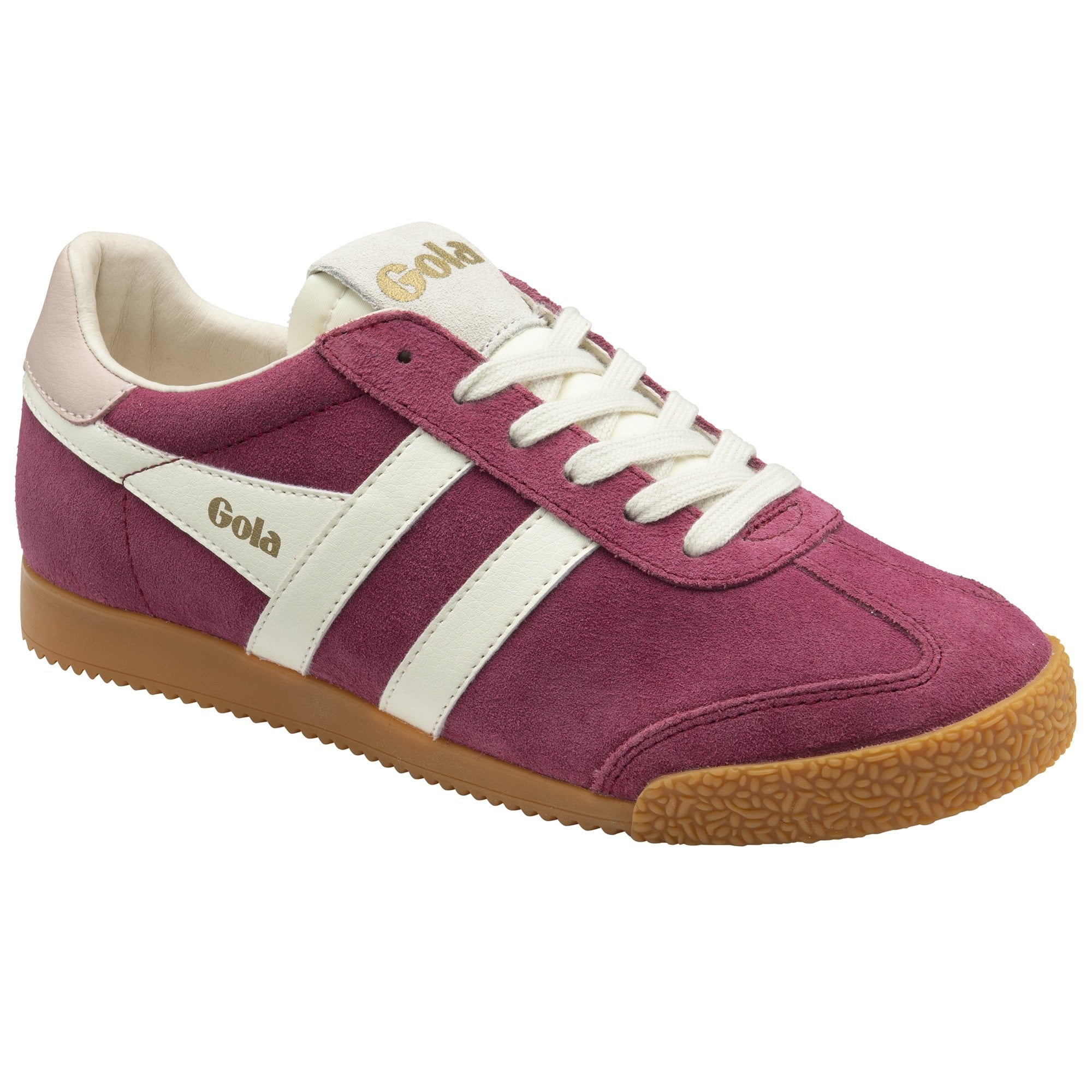 A single men's Gola Harrier trainer in claret and off-white, shown from an angle.