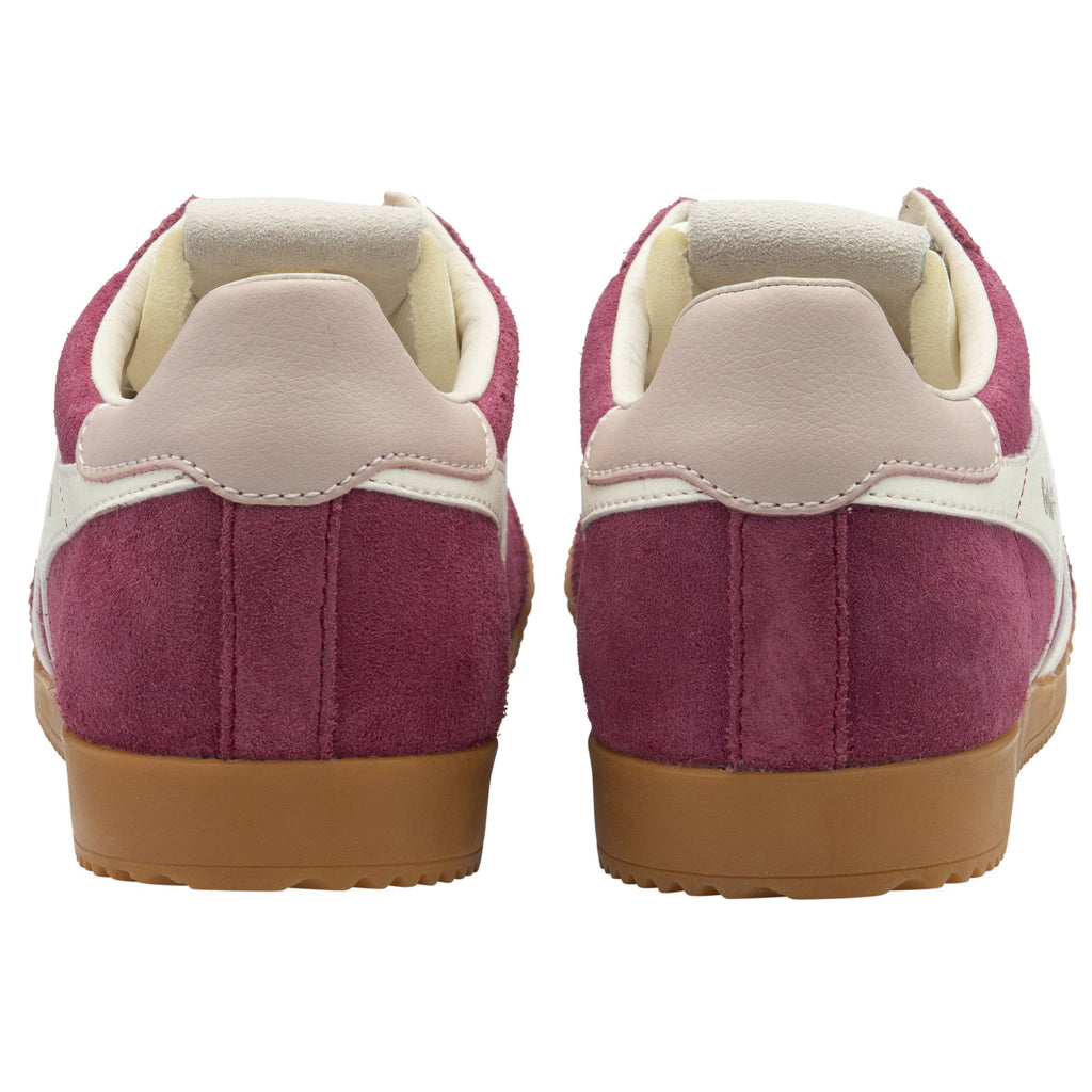 The back view of a pair of men's Gola Harrier trainers in claret and off-white.