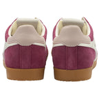 The back view of a pair of men's Gola Harrier trainers in claret and off-white.
