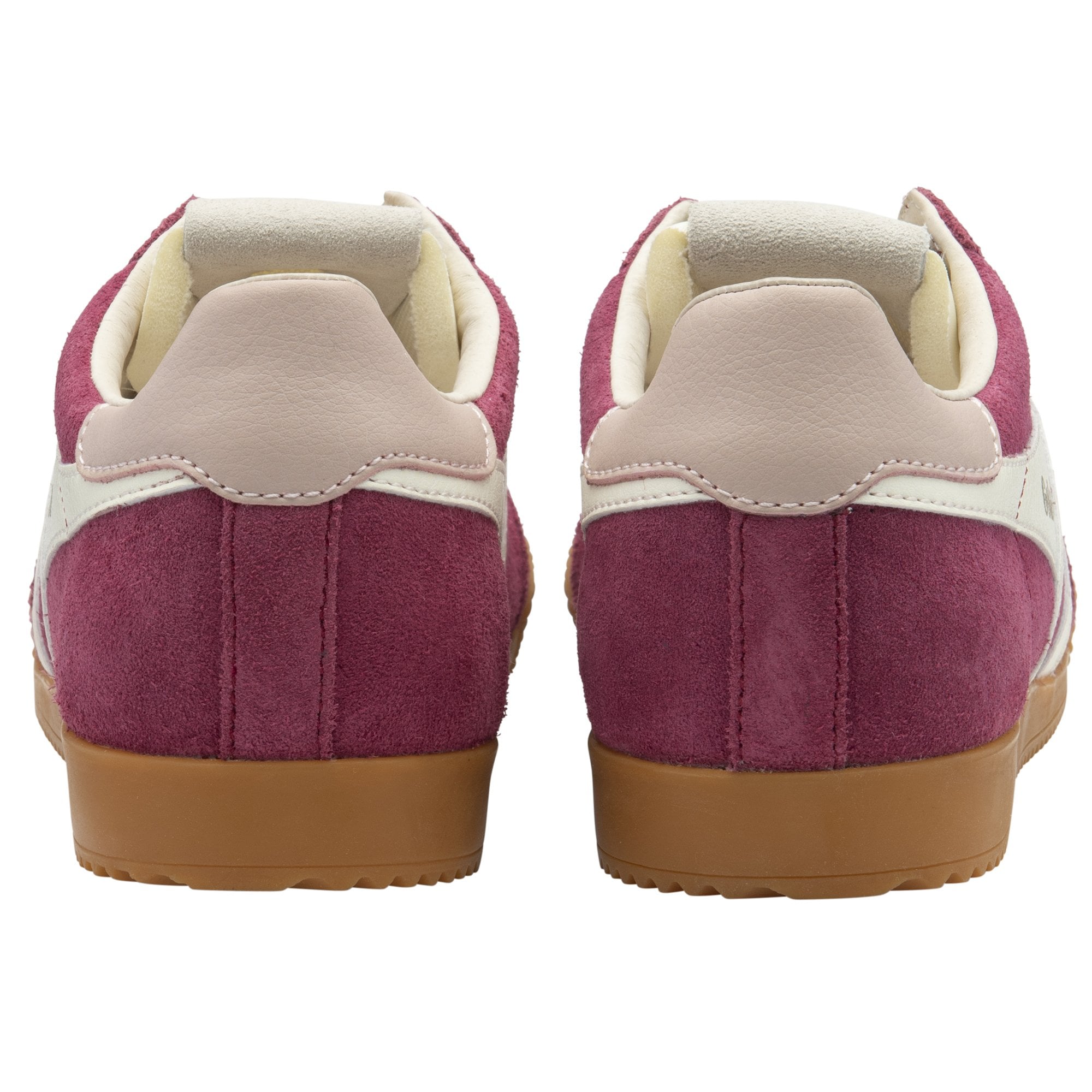 The back view of a pair of men's Gola Harrier trainers in claret and off-white.