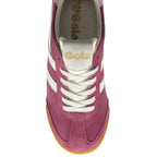 The top view of a single men's Gola Harrier trainer in claret and off-white.