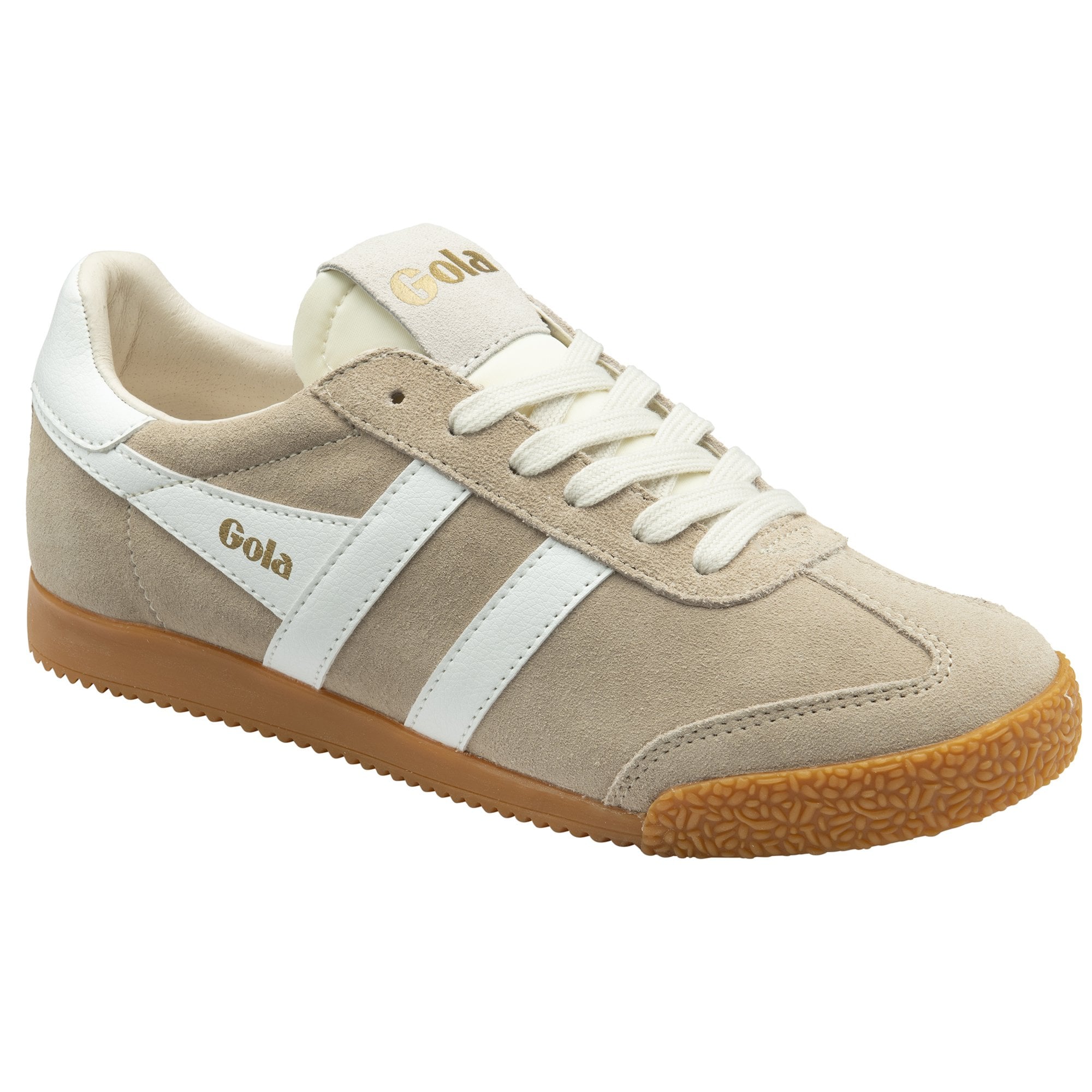 A single Gola Harrier trainer in off-white with white stripes, angled left.