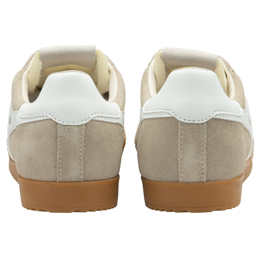 The rear view of a pair of Gola Harrier trainers in off-white.