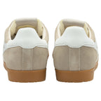 The rear view of a pair of Gola Harrier trainers in off-white.