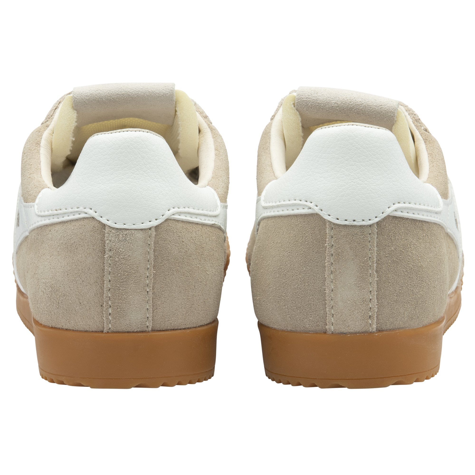 The rear view of a pair of Gola Harrier trainers in off-white.