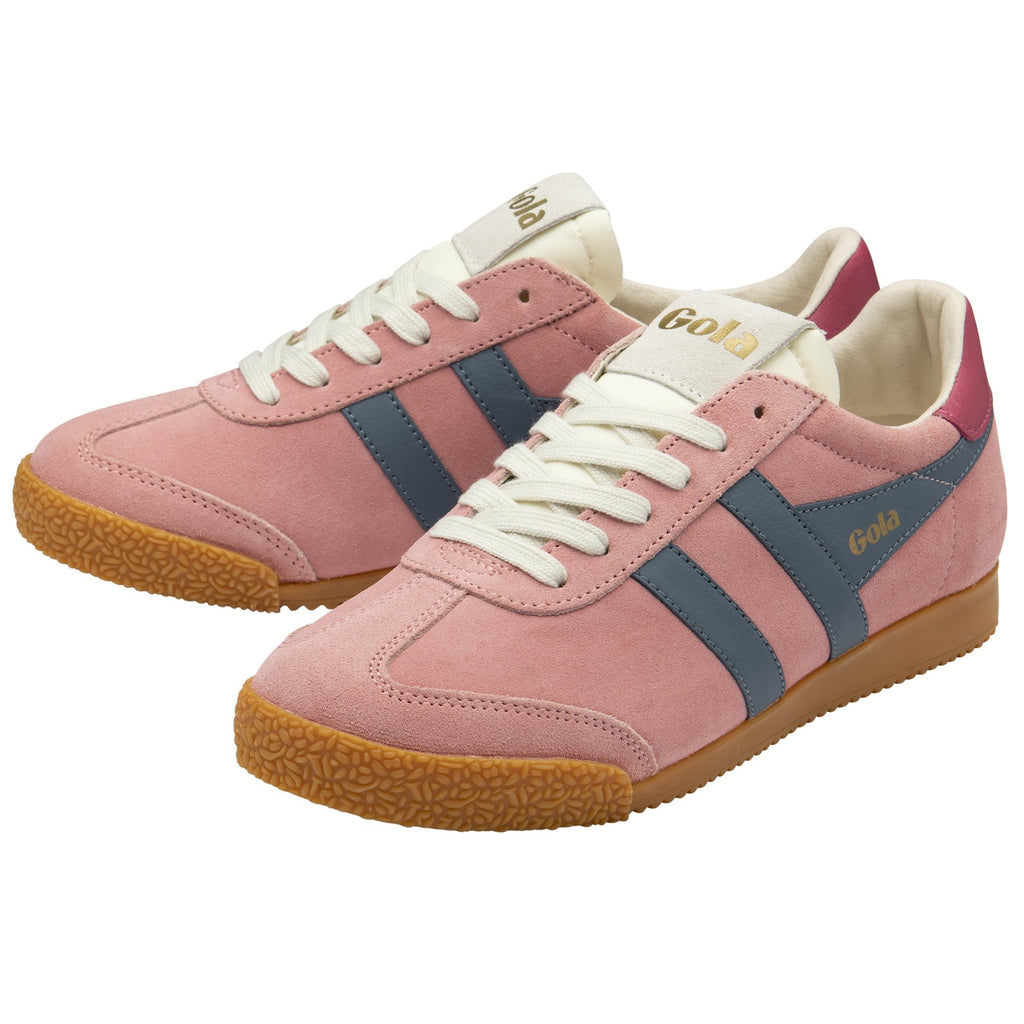 Pair of pink suede Gola sneakers with blue stripes and gum soles