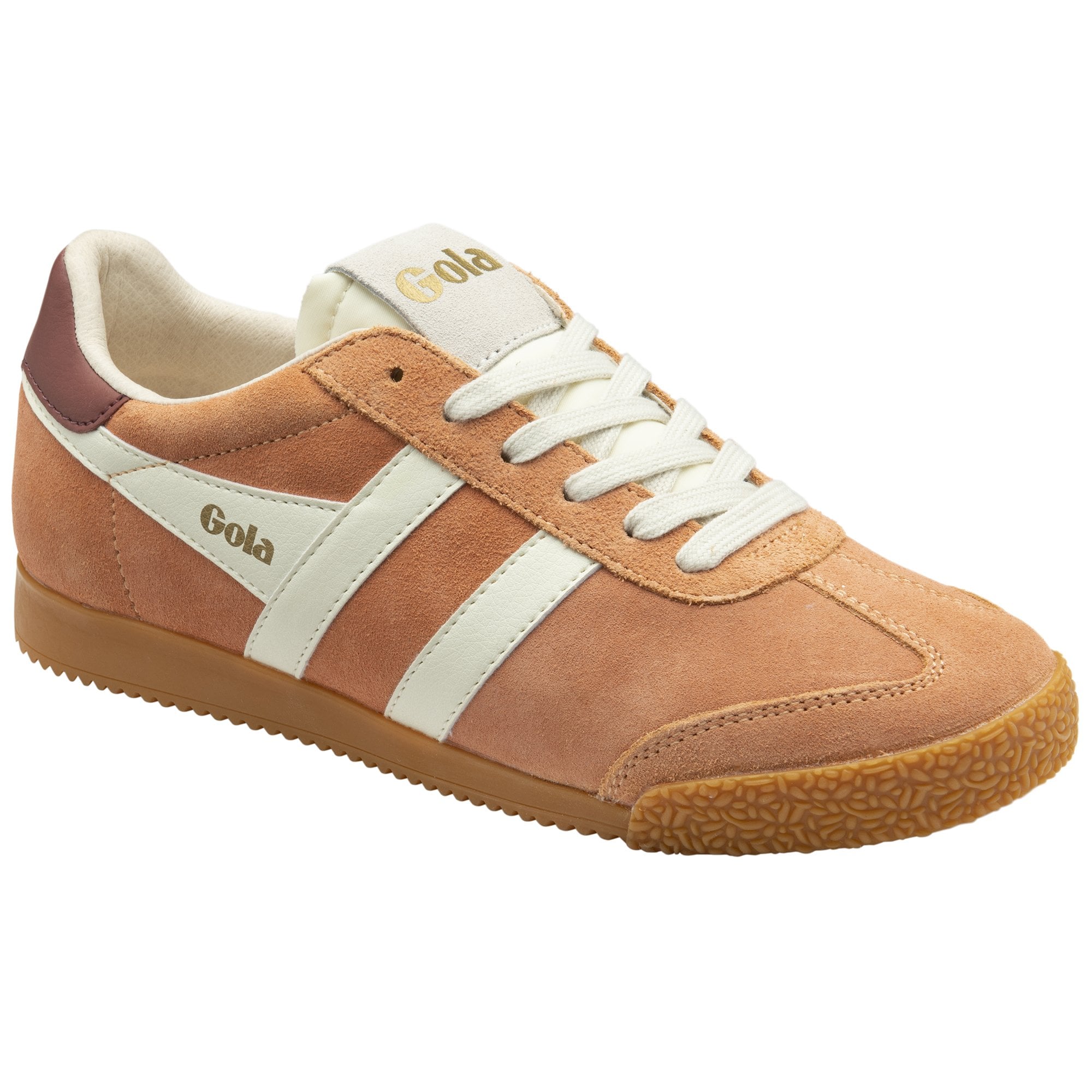 Angular view of a Gola men's shoe in camel with white stripes and laces.