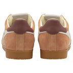 Rear view of a pair of Gola men's shoes in camel with white stripes and laces.